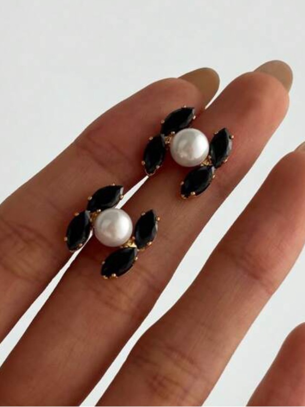 Gold-Plated C Letter Pearl & Black Marquise Drop Studs Earrings